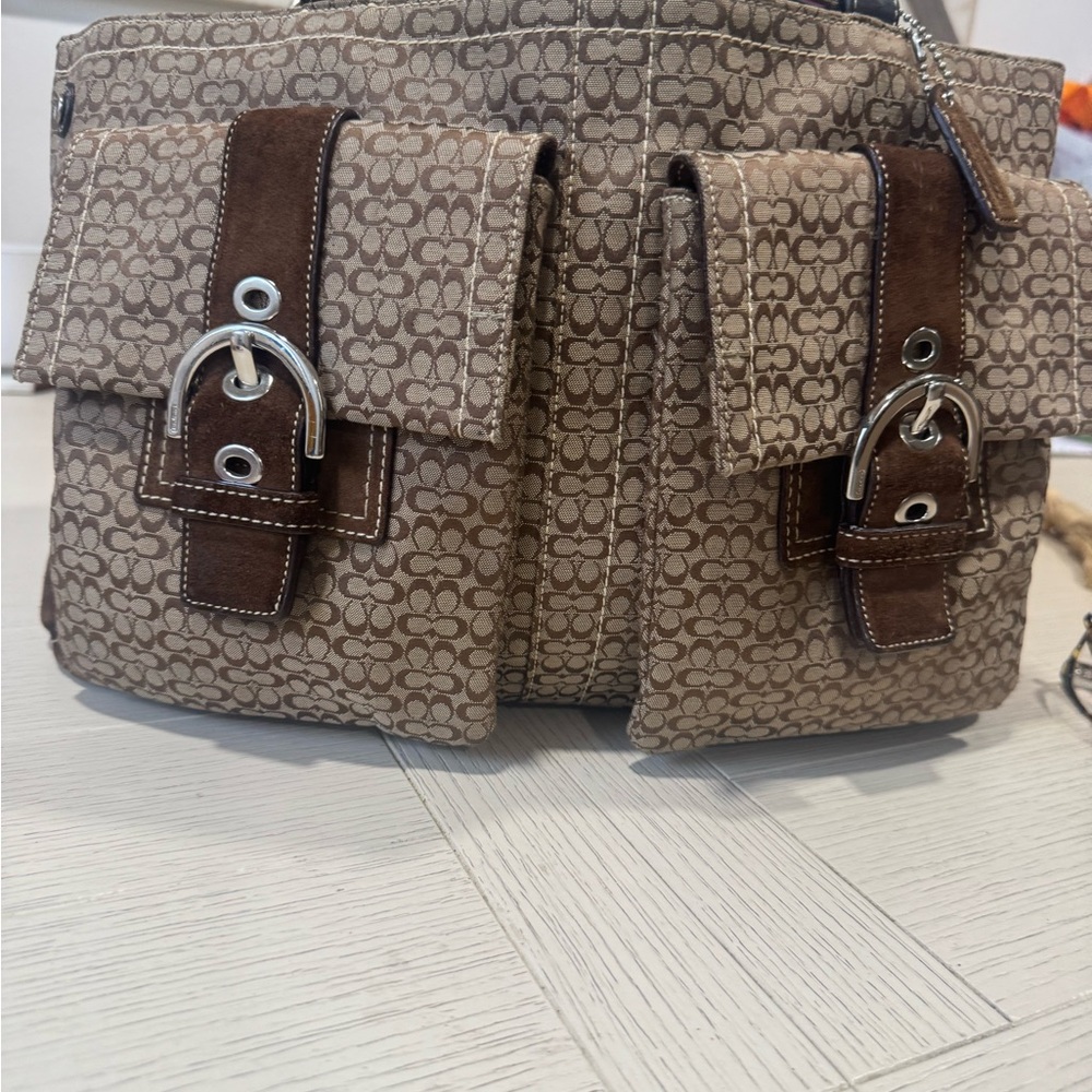 Coach Brown Messenger Bag with Signature Canvas and Leather Trim